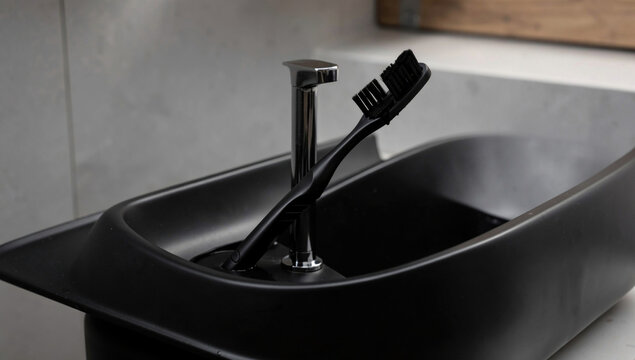 A black sink with two toothbrushes inside, ready for use