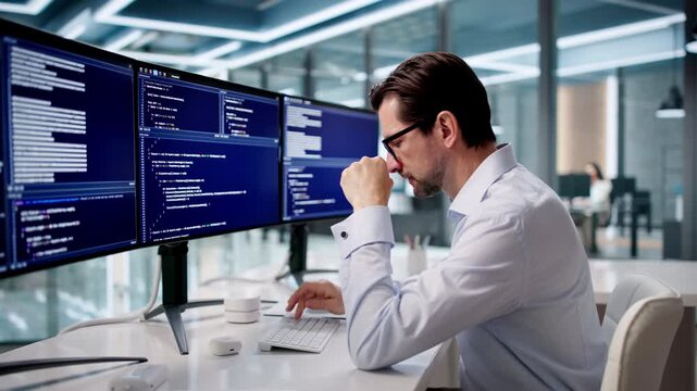 Frustrated Developer Looks At Computer Screen After Coding Mistake