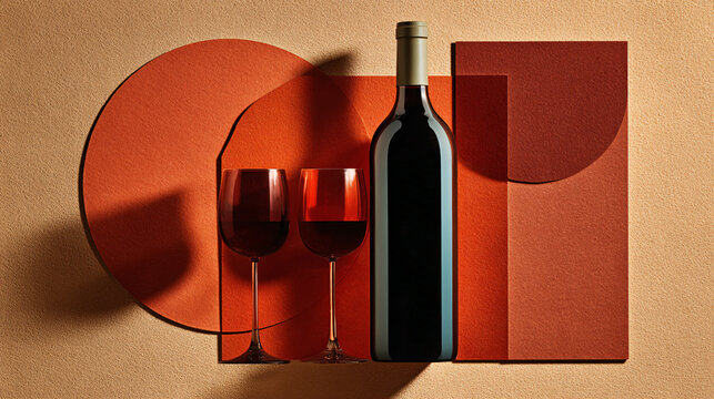 Red wine bottle and glasses standing on abstract geometric background, showcasing minimalist composition Concept of luxury, celebration, fine dining, romantic evening, and sophisticated lifestyle aest