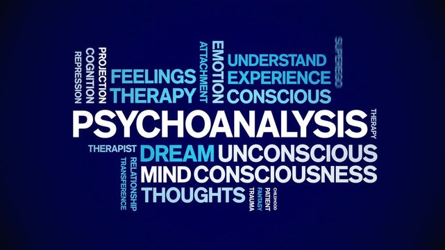Psychoanalysis animated word cloud-text design animation tag kinetic typography seamless loop.