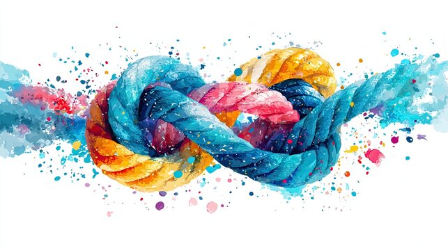 Colorful intertwined ropes tied in a knot with watercolor splashes creating a dynamic and artistic effect.