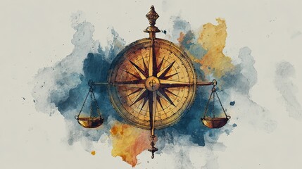 Fototapeta premium A watercolor illustration combining a vintage compass with balanced scales, symbolizing guidance, justice, and direction on a textured background.