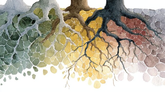 Artistic depiction of three trees with intertwined roots and branches, each with distinct colors: green, yellow, and brown, symbolizing growth, change, and connection.