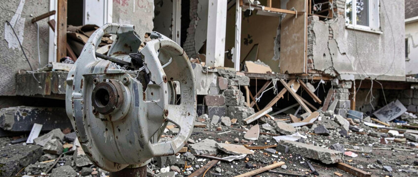 A fire hydrant stands in front of a heavily damaged or destroyed building, suggesting a scene of post-disaster or urban devastation
