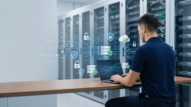 IT specialist managing cloud server security in data center room with laptop and holographic icons showing database protection encryption locks and firewall safety measures