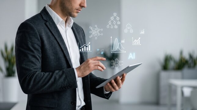 Corporate manager interacting with holographic data visualization, optimizing business strategies using big data analytics and artificial intelligence insights