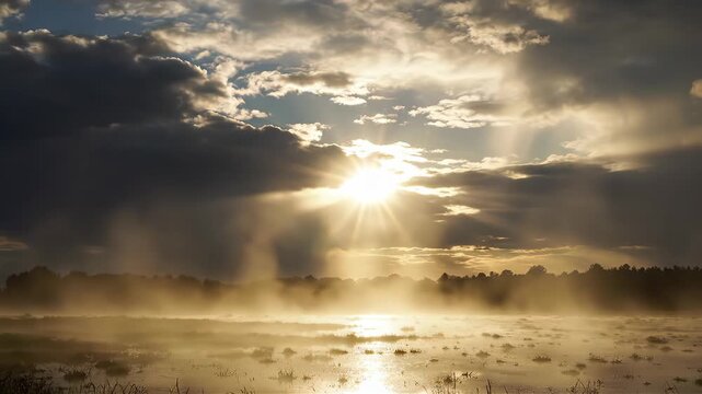Sunrays through clouds over a misty swamp landscape capturing a peaceful, natural sunrise or sunset panorama.
