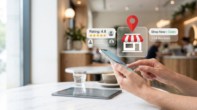 Customer checking shop rating and reviews on mobile app, local business discovery, location services and customer feedback concept.