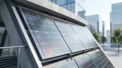 Obraz premium Photovoltaic solar panels installed on modern concrete building facade in city, generating clean electricity, renewable energy source for urban architecture.