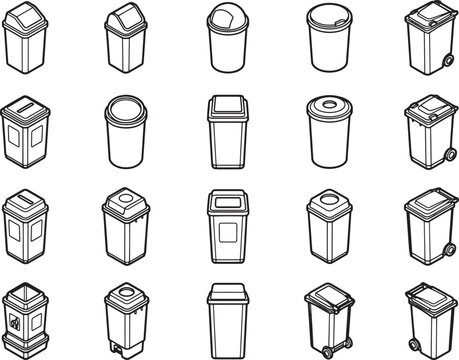 A comprehensive collection of diverse bins designed to serve waste management needs. This artful arrangement celebrates functional design and emphasizes resourcefulness and organization.