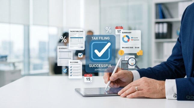 Tax filing successful approved status on tablet screen with financial documents, W2 forms and summary charts floating around businessman working in bright office.