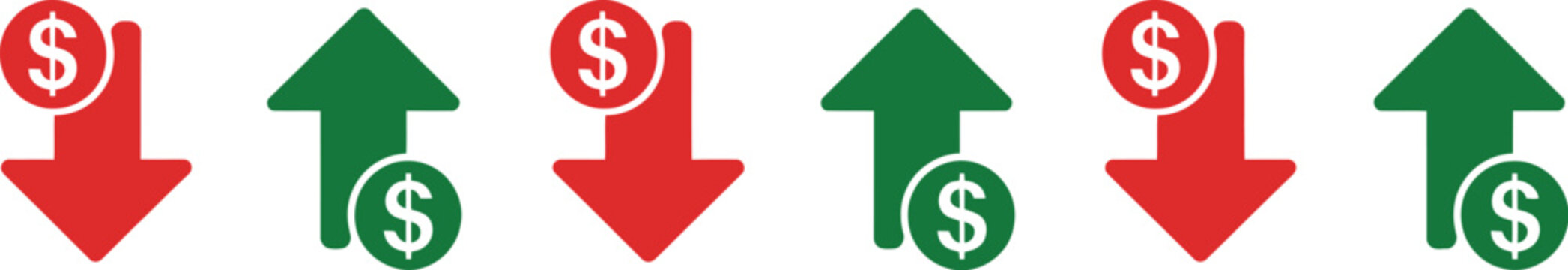 Earning Money Increase and Decrease Icons Set, Profit and Loss Arrow Symbols Vector Illustration, Business Finance Growth and Crisis Analysis with Coin, Dollar, Revenue Up Down Indicators