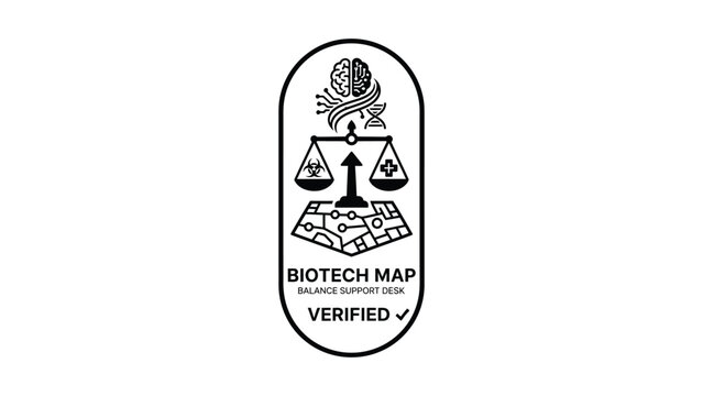 A verified biotech map logo with a brain and scales