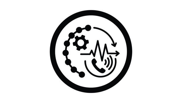 A black and white icon of a phone with a gear and waveform