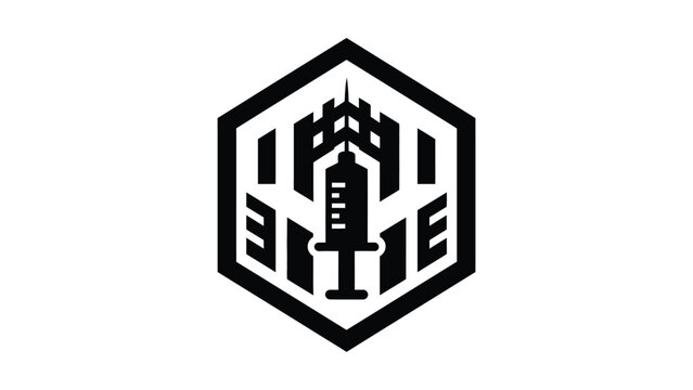 A black and white logo featuring a syringe and cityscape design