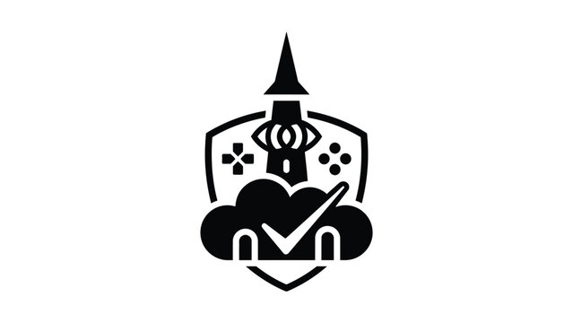 A black and white logo with a castle and a checkmark