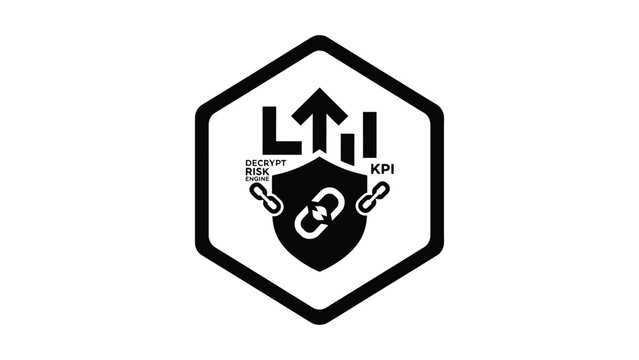 A black and white logo with a shield and chain links