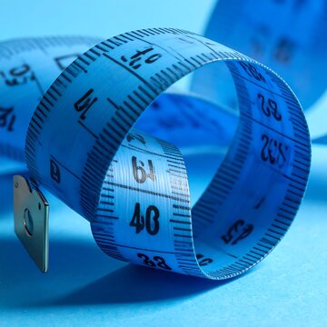 A blue measuring tape curled on a blue surface with numbers and markings