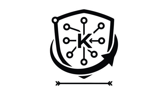 A black and white logo with a shield and an arrow