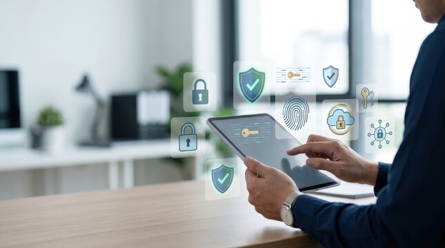 Person holding tablet with augmented reality security shields, padlocks, keys, and fingerprint icons illustrating cyber security, data protection, and privacy concepts in business.