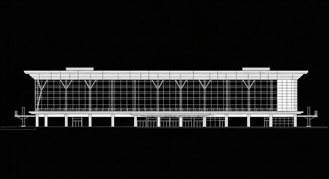 Large-Span Transit Terminal Elevation CAD Blueprint with Structural Grid, Glazed Curtain Wall, and Column Frame System