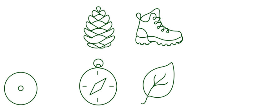 Vector Icon Set Collection of 4 Nature Therapy and Mental Health Wellness Icons Featuring a Pinecone, Hiking Boot, Compass, and Leaf in Minimalist Green Line Art for Outdoor Adventure and Travel.
