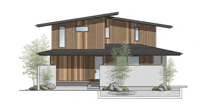 Modern Timber House Elevation with Sloped Roof, Vertical Wood Cladding and Minimal Landscape Garden Composition
