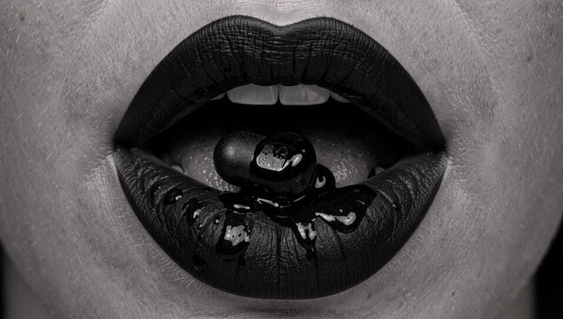 Close-up shot of a person's mouth with bold, black lipstick