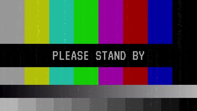 Please stand by text with color pattern background. Vertical static noise scratch and glitch effect 4K animation video