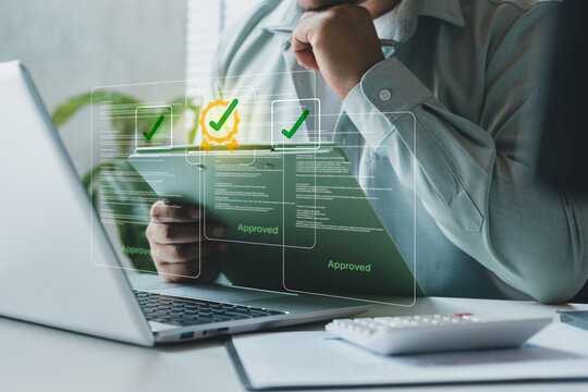 Business document verification and approval workflow concept, digital checklist, professional reviewing reports on paper and laptop for compliance, audit, quality control, and process management