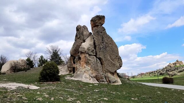 A distinctive rock formation at the entrance of Yazılıkaya (Midas City) in the Phrygian Valley, locally known as &ldquo;Camel Rock&rdquo; or &ldquo;Phrygian Throne,&rdquo; shaped by erosion into an animal-like silhouette and