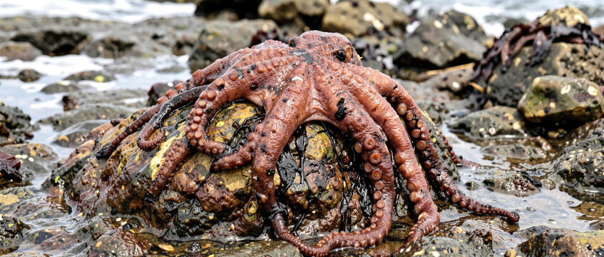 An octopus perched on a rock near the ocean, its tentacles stretching outwards
