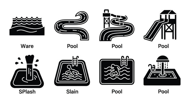 Water park and pool icons set black vector silhouettes
