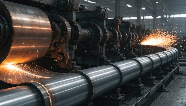 Closeup medium view of a pipe forming line where strip steel is gradually transformed into cylindrical tubes by multiple roll stands highlighting the welding seam and flying cutoff