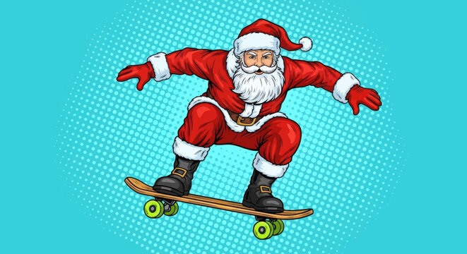 Santa Claus riding a skateboard on a blue background with a pop art style