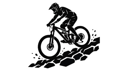 Fototapeta premium Black silhouette of a mountain biker riding on rocks