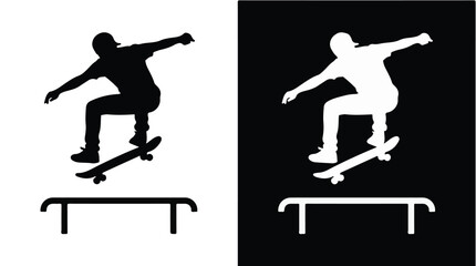 Black and white skateboarder performing tricks on rail silhouette © SyedZahedul