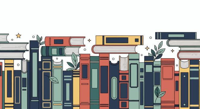 Vibrant collection of diverse books in an elegant horizontal border design, adorned with foliage and stars, symbolizing knowledge and education