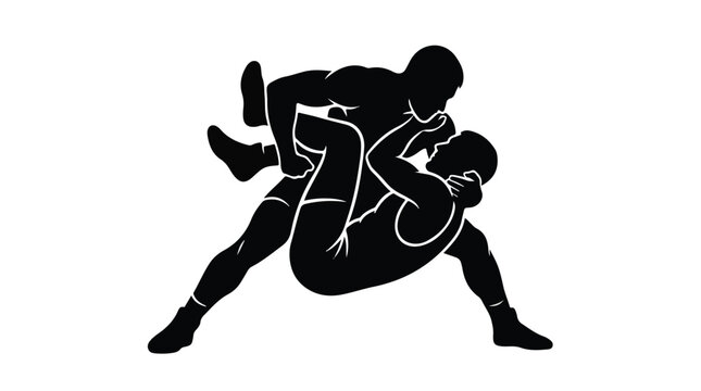 Vector silhouette of two men wrestling in a grappling position