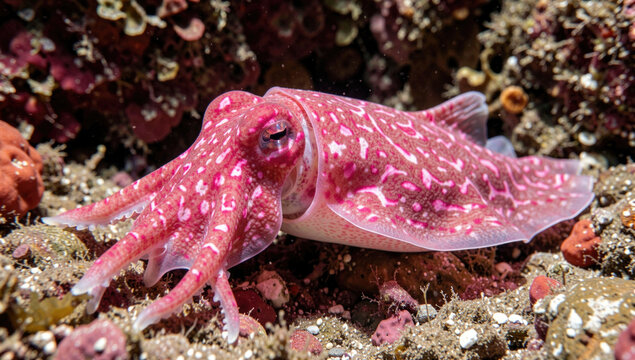 A pink and white squid resting on a rock