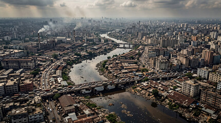 Fototapeta premium Polluted megacity aerial view: dense urban sprawl, factories, river, bridges, traffic.