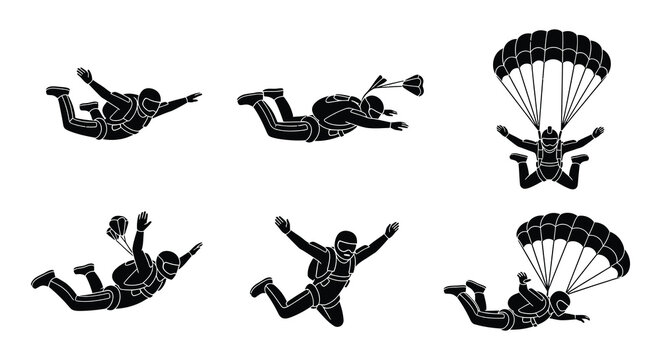 Skydiver silhouettes in various poses flat vector illustration on white background