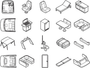 Fototapeta premium Showcasing an array of boat interior and exterior elements, represented in an isometric view, providing a comprehensive design resource.
