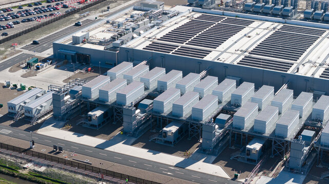 Drone view of hyperscale datacenter in Westpoort, Groningen, featuring big data, AI infrastructure, machine learning, cloud services, and sustainable digital development.