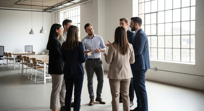 Business Team Meeting in Modern Office with Large Windows and Natural Light.