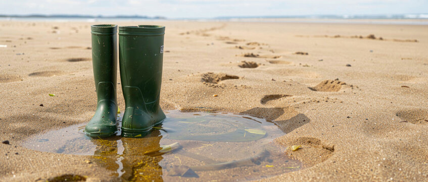 A pair of green rain boots sit on top of a puddle of water, ready for use