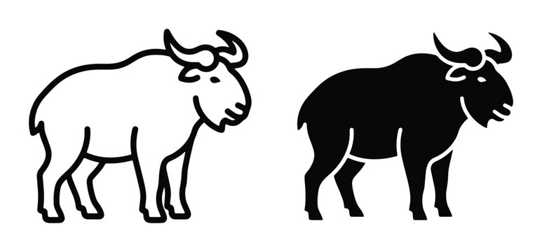 Takin animal vector icons, wild gnu goat-antelope line art and silhouette, Himalayan wildlife illustration for nature conservation and education