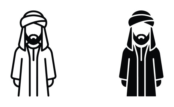 Middle Eastern man avatar icons, traditional Arabic male character in keffiyeh and thobe, black and white vector set of bearded Muslim men