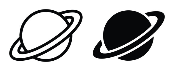 Minimalist Saturn planet icons, black and white celestial vector symbols, simple ringed planet line art and solid silhouette set for space design © Mamunur