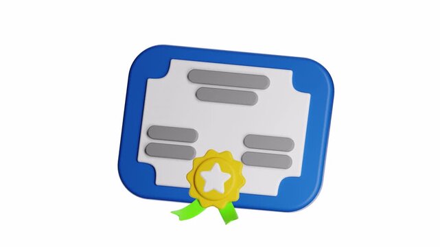 3d ux icon motion blue and white certificate with a gold star seal. Perfect for award acknowledgment, diploma, completion certificate, certification, excellence recognition.